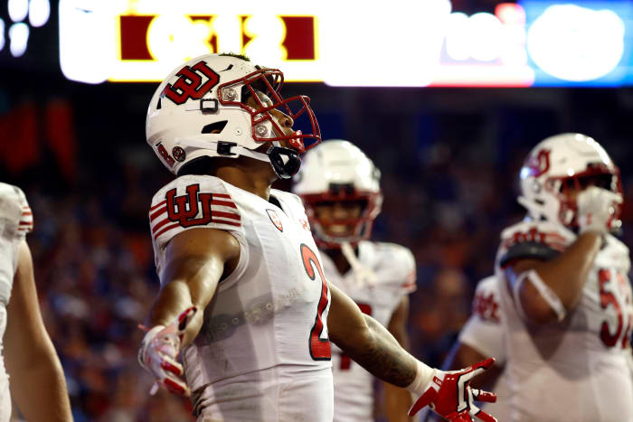 Utah Utes running back Micah Bernard (2) celebrates after scoring a touchdown against the Florida Gators during the second half at Steve Spurrier-Florida Field.